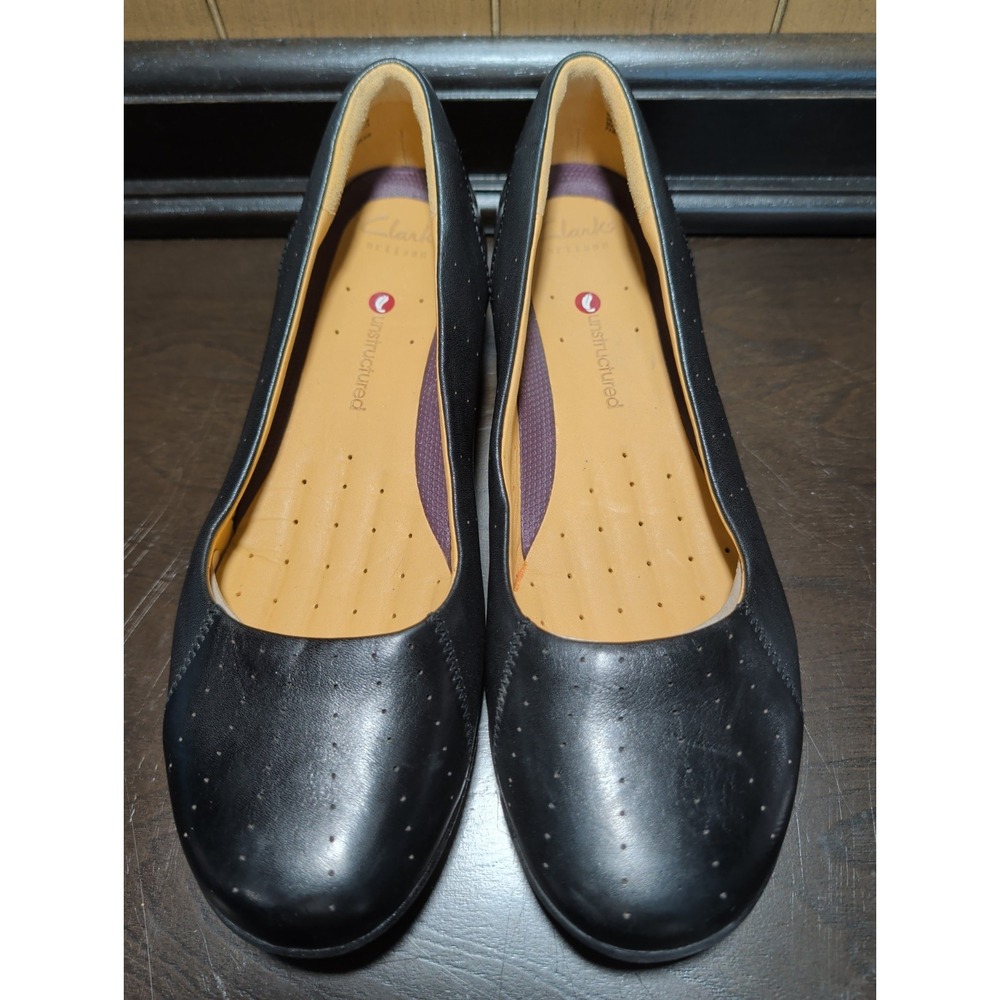 T3 Clark's Unstructured Black Leather Wedge Slip On Shoes Women Size 8.5
